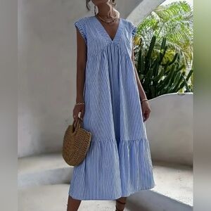 💙 Vacation Vibes Striped V-neck, Casual Ruffle Hem Loose Fit Maxi Dress 👗